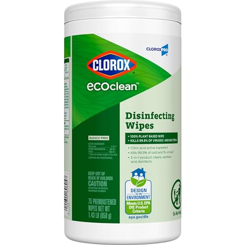 CloroxPro Clorox EcoClean Disinfecting Wipes, Multipurpose 100% Plant Based Cleaning Cloths, Antibacterial Disinfectant, Safe for Multi Surface Use, 75 Count