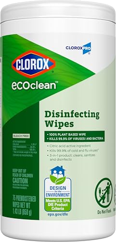 CloroxPro Clorox EcoClean Disinfecting Wipes, Multipurpose 100% Plant Based Cleaning Cloths, Antibacterial Disinfectant, Safe for Multi Surface Use, 75 Count