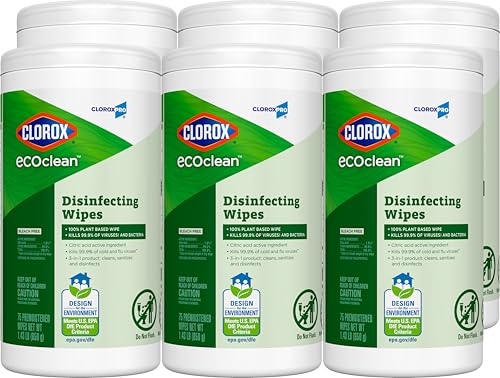 CloroxPro Clorox EcoClean Disinfecting Wipes, Multipurpose 100% Plant Based Cleaning Cloths, Antibacterial Disinfectant, Safe for Multi Surface Use, 75 Count