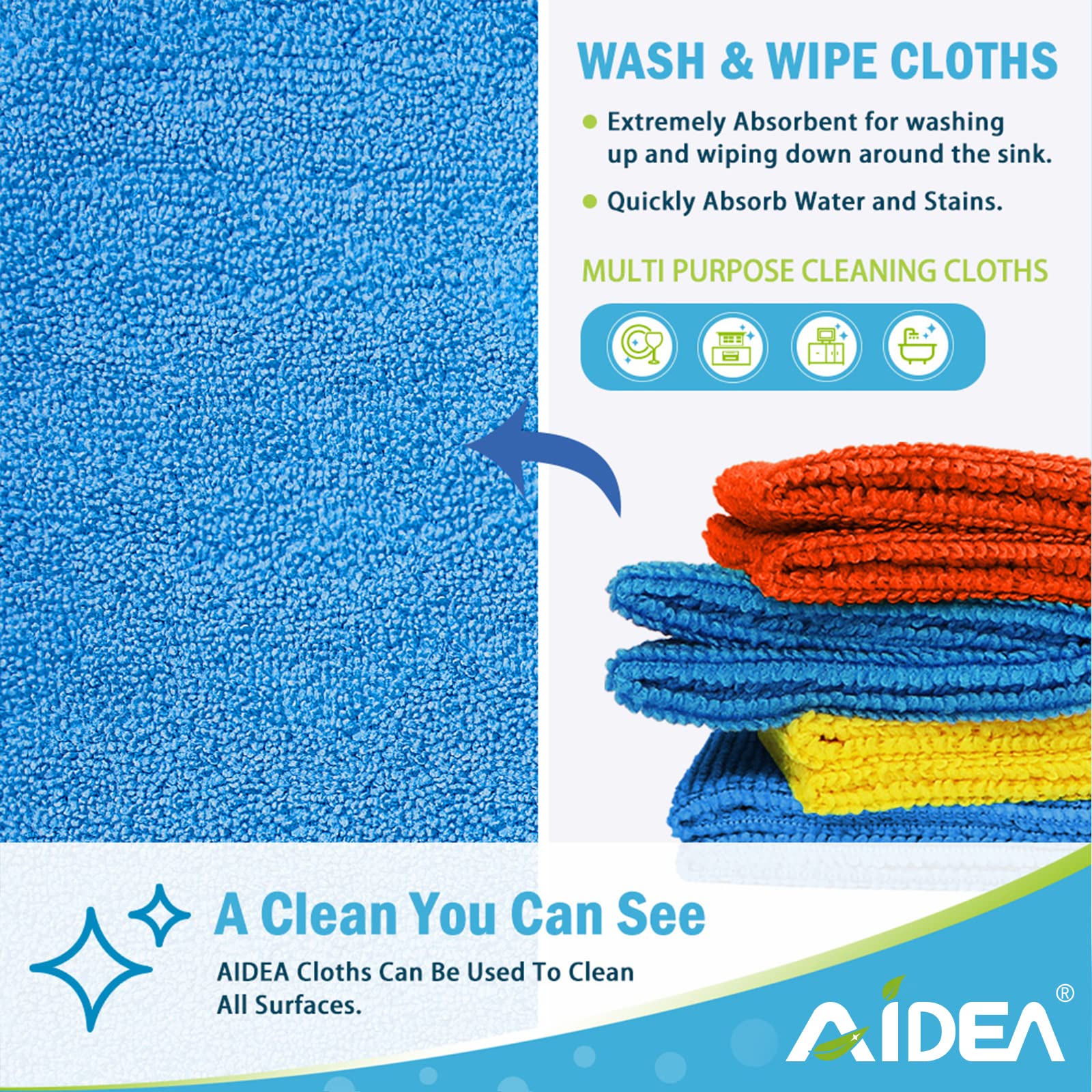 AIDEA Microfiber Cleaning Cloths-100PK, Soft Absorbent Rags for Cleaning, Lint-Free Towels Cleaning, Kitchen Towels, Microfiber Dusting Cloth for Home, Car, Window, Cleaning Supplies-12in.x12in.